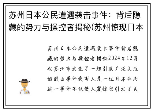 苏州日本公民遭遇袭击事件：背后隐藏的势力与操控者揭秘(苏州惊现日本街)