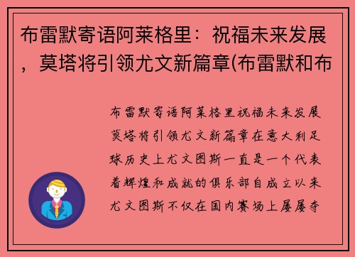 布雷默寄语阿莱格里：祝福未来发展，莫塔将引领尤文新篇章(布雷默和布莱特纳)